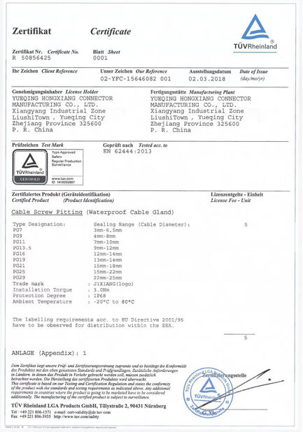 China ZHEJIANG HONGXIANG CONNECTOR MANUFACTURING CO.,LTD. Certificações
